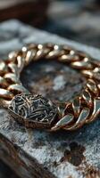 Intricately designed gold chain bracelet resting on a textured stone surface showcasing timeless craftsmanship and elegance photo
