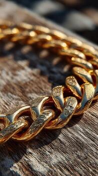 Close-up view of a luxurious gold chain resting on rustic wooden surface during daylight hours photo