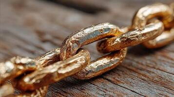 Close up view of a shiny gold chain link resting on weathered wooden surface in natural light showcasing detailed textures photo