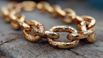 Close-up view of a gold chain link on a rustic wooden surface highlighting texture and shine photo