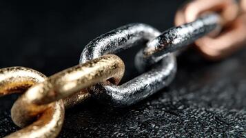 Close-up view of interlinked metallic chains showcasing texture and color variations in a dark environment photo