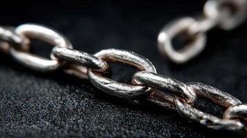 Close-up view of a metallic chain link showcasing intricate details and textures on a dark background photo