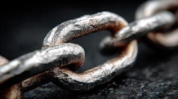 Close-up view of a heavy metal chain link resting on a dark surface with a rugged texture and detailed metallic finish photo
