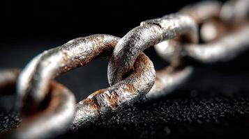 Close-up view of a textured metal chain showcasing oxidation and wear in high detail under dramatic lighting photo