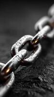Close-up view of a shiny metallic chain link with water droplets glistening on its surface photo
