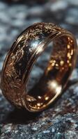 Golden ring with intricate floral engravings displayed on a textured stone surface photo