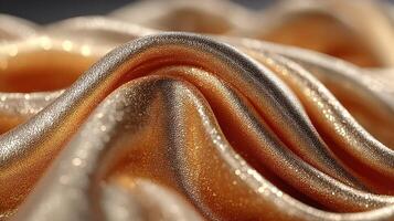 Shimmering golden fabric folds creating a dynamic visual texture in a softly lit environment photo