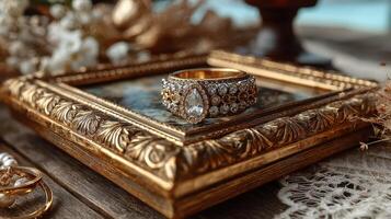 Elegantly designed gemstone ring displayed on an ornate frame with delicate decorations in soft natural lighting photo