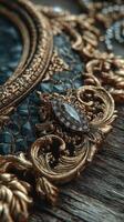 Intricate ornate mirror frame showcasing vintage craftsmanship with detailed embellishments and gemstones photo