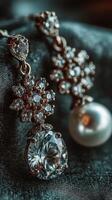 Elegant jewelry showcasing diamond and pearl details on dark fabric background photo