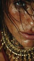 Close-up of a person with glistening skin and intricate jewelry captured outdoors in bright sunlight photo