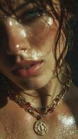 Close-up of a person with wet skin and ornate jewelry creating a captivating and artistic aesthetic in a dim setting photo