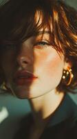 Model poses with artistic lighting highlighting features in a close-up portrait at golden hour photo