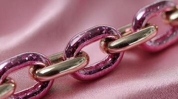 Colorful chain link displayed on smooth pink fabric with shiny surface photo