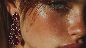 Close-up of a woman showcasing bold jewelry in natural light during golden hour photo