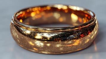 Elegant golden ring with intricate design displayed on smooth surface in well-lit setting photo