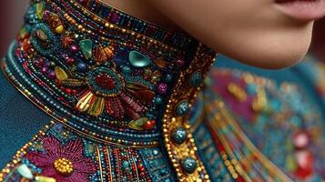 Intricate embroidery details on a vibrant garment displayed with elegance and grace during a cultural event photo