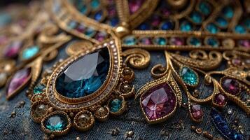 Intricate jewelry design featuring colorful gemstones and ornate gold detailing in a close-up view photo
