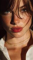 Model poses in soft lighting with a delicate necklace and natural makeup showcasing freckles in an urban setting photo