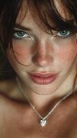 Close-up portrait of a young woman with freckles and captivating blue eyes wearing a heart necklace in soft natural light photo