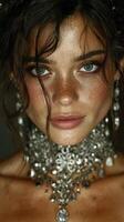 Stunning close-up of a model adorned with intricate jewelry showcasing natural beauty and unique features in a soft-lit setting photo