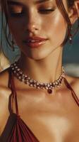 Stunning close-up of a model displaying elegant jewelry against a beach backdrop at sunset photo