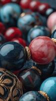 Colorful beads arranged intricately on a dark surface highlighting their texture and vibrancy photo