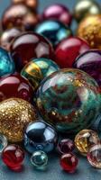 Colorful array of glass orbs and marbles arranged on a textured surface during daylight photo