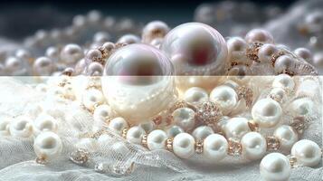 Elegant pearls showcased on delicate fabric with shimmering accents highlighting their beauty and luxury during a soft-lit setting photo