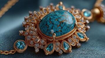 Beautiful turquoise necklace with intricate gold detailing and sparkling gemstones on a soft blue fabric background photo