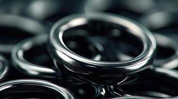 Close-up view of multiple shiny silver rings stacked together showcasing unique designs and textures photo
