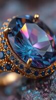 Stunning blue gemstone ring features intricate design and vibrant colors, showcasing exquisite craftsmanship and elegance photo