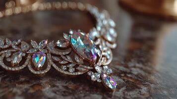 Elegant necklace adorned with sparkling crystals resting on a polished surface in soft lighting photo