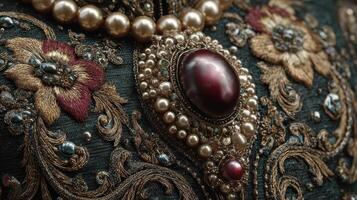 Detailed close-up of ornate vintage jewelry with intricate floral embroidery and pearls on elegant fabric photo