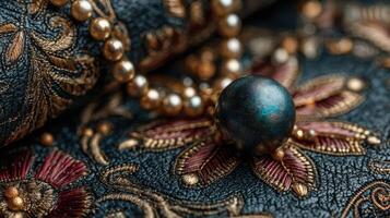 Close-up of intricate embroidery with pearls and a decorative sphere on a dark fabric background photo