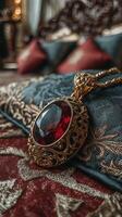 Intricately designed gold necklace with a large red gemstone on an ornate fabric background in a lavish indoor setting photo