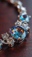 Detailed close-up view of a stunning gemstone bracelet illuminated by soft light photo