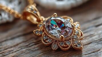 Elegant gold pendant with a large jewel and intricate design captured on a wooden surface in natural light photo