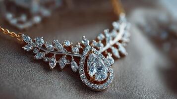Elegant diamond necklace adorned with intricate gold leaf designs showcased on a soft fabric background photo