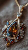 Glistening gold pendant adorned with intricate gemstones displayed elegantly on soft fabric photo