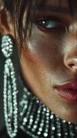 Close-up of a model showcasing glamorous makeup and sparkling jewelry in a stylish setting at an evening event photo