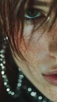 Close-up portrait of a young woman with freckles and a focused expression, highlighting her features and intricate jewelry in soft lighting photo