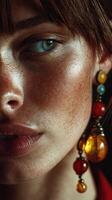 Close-up of a woman showcasing polished skin and vibrant accessories in a softly lit indoor setting during the evening photo
