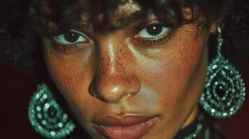 Intimate portrait of a woman with striking earrings in a dimly lit setting during an evening gathering photo