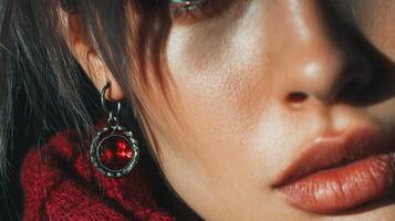 Close-up view of a person showcasing elegant jewelry and striking facial features in a cozy indoor setting during evening hours photo
