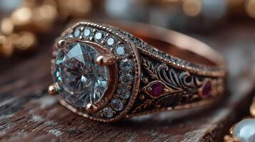 Vintage ring with intricate design and sparkling gemstones displayed on a wooden surface in soft lighting photo