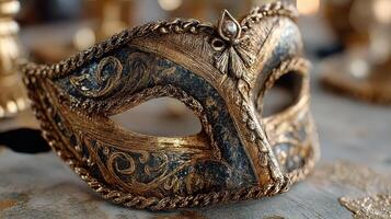 Decorative Venetian mask with intricate patterns displayed on table at a festive event photo