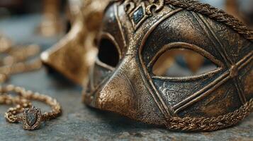 Decorative gold masquerade masks with intricate designs and an antique necklace displayed on a stone surface photo