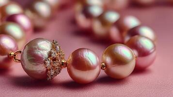 Elegant pink pearl necklace close-up showcasing fine craftsmanship on a soft background photo