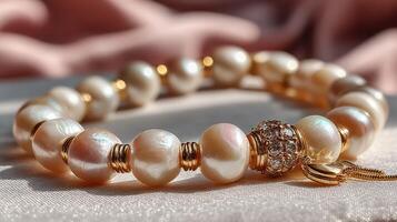 Elegant pearl bracelet with gold accents showcased on soft fabric in warm lighting photo